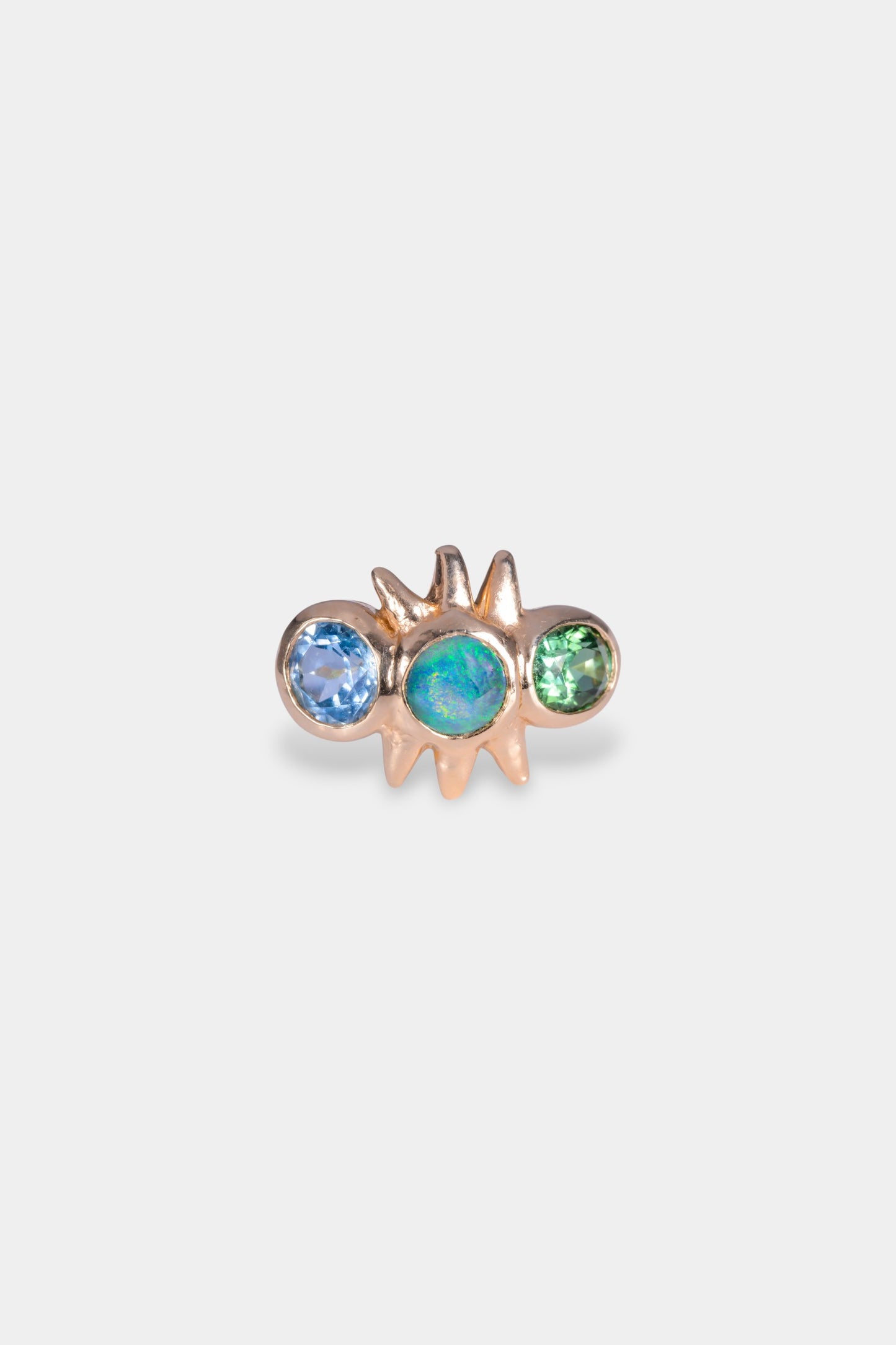 My Guy Ring
9 karat yellow gold
~ 7x5mm oval cut green tourmaline
~ 6.5mm round Aussie opal doublet
~ 6.5mm round cut aquamarine