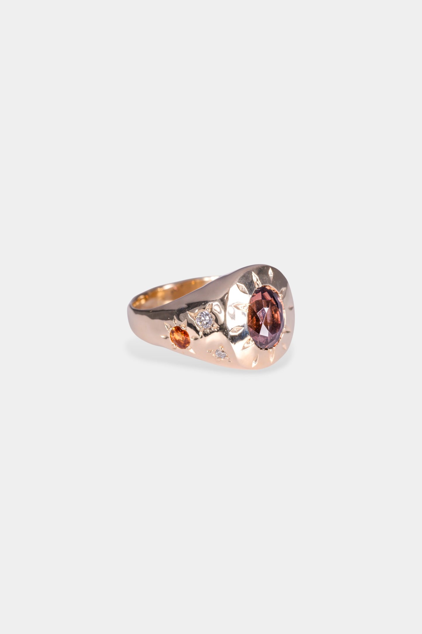 Top Dog Ring left side
~ 3.5ct emerald cut brown zircon
~ 3.5mm round cut yellow sapphire
~ 3mm round cut orange sapphire
~four 2mm round cut white natural diamonds
