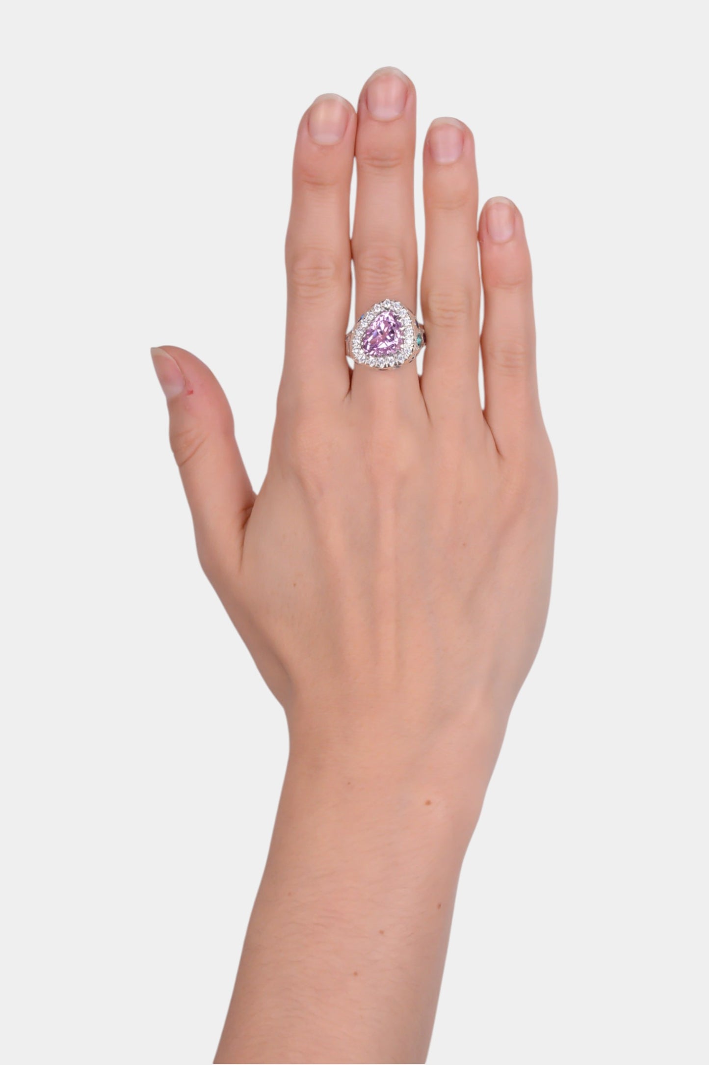 Pavarotti Ring pink kunzite, white CZs, mixed cut and colour CZs wearing on hand