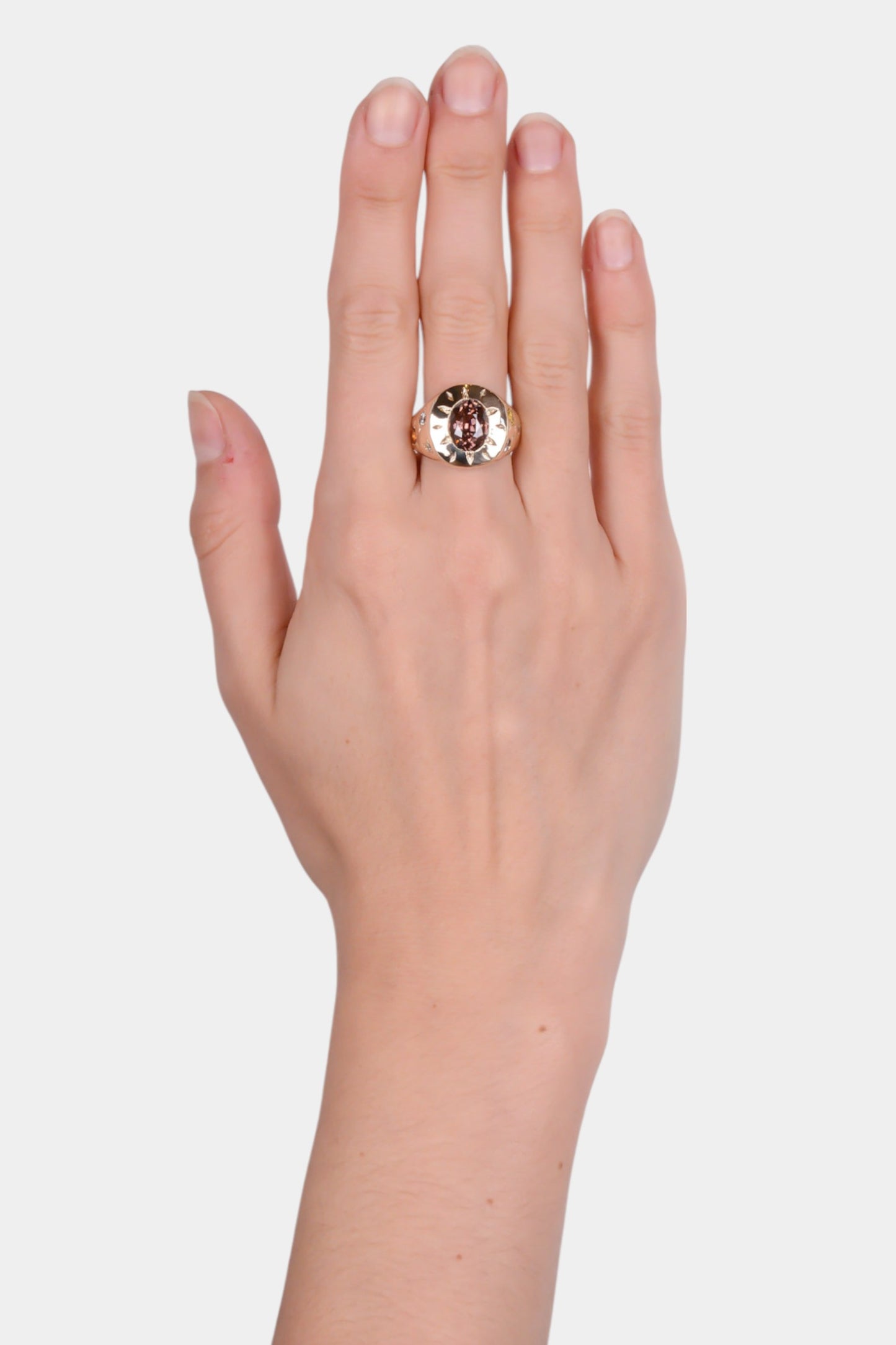 Top Dog Ring wearing on hand
~ 3.5ct emerald cut brown zircon
~ 3.5mm round cut yellow sapphire
~ 3mm round cut orange sapphire
~four 2mm round cut white natural diamonds