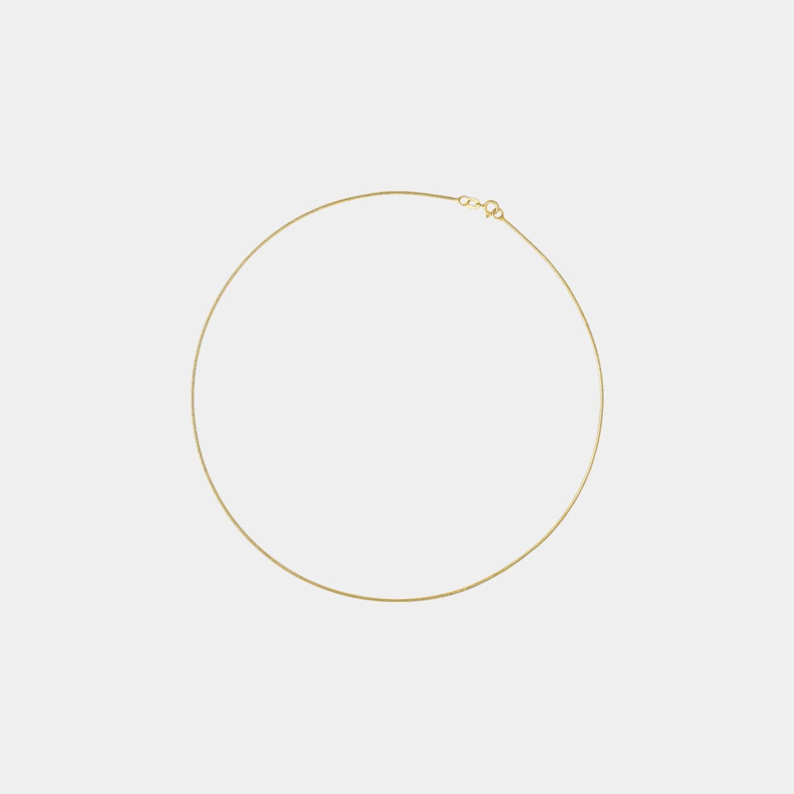 A gold chain necklace laid out on a plain background.