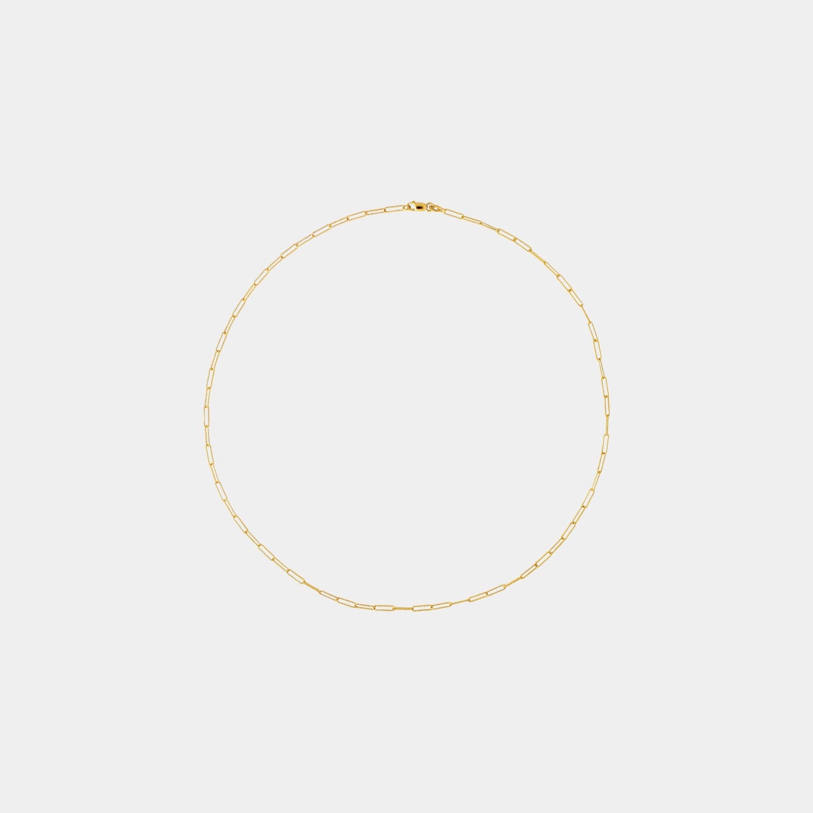 A gold long link chain necklace laid out on a plain background.