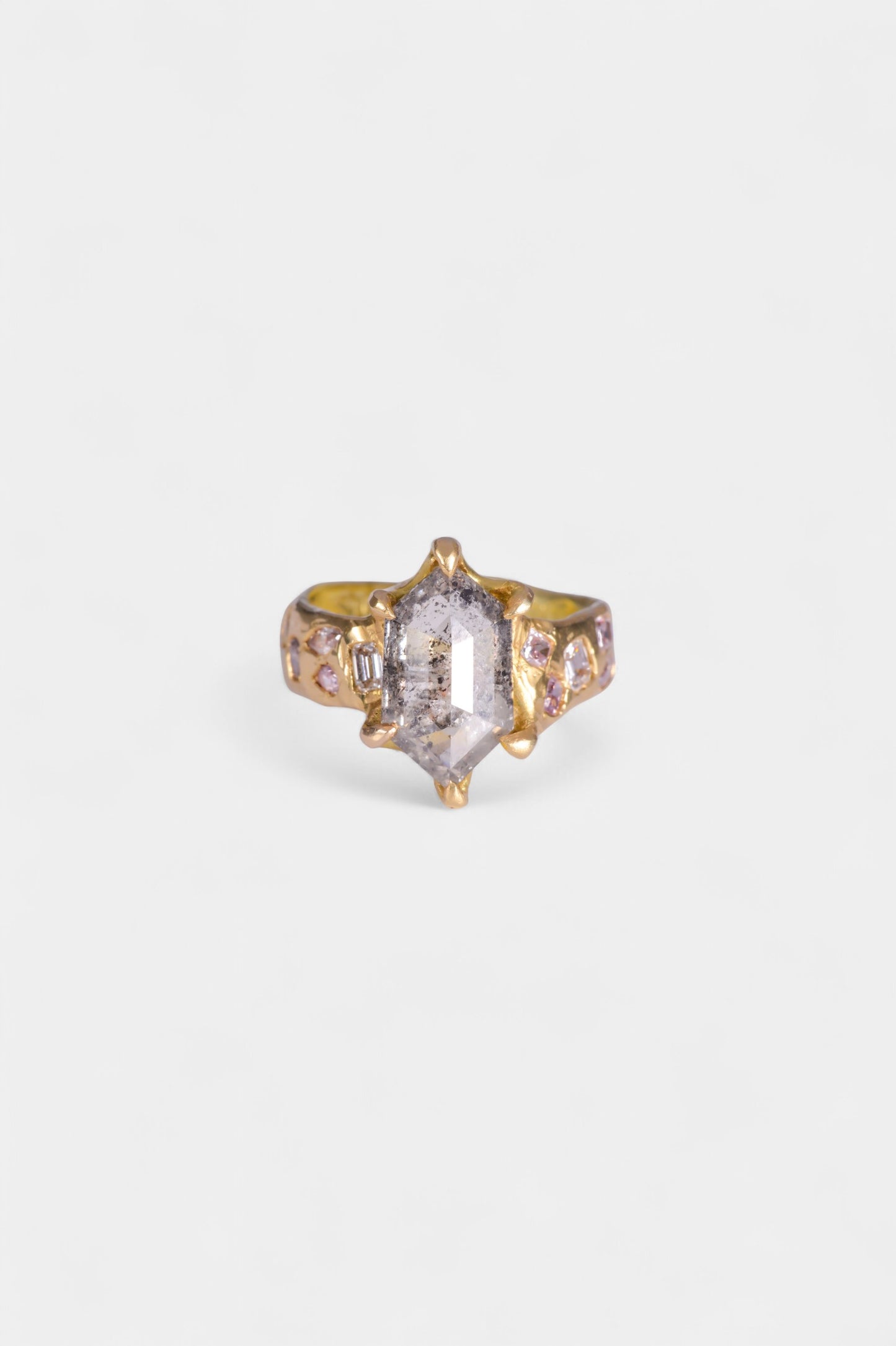 Ice Queen Ring
solid 18 karat yellow gold
~ 2.97 carat hexagon cut salt & pepper diamond
~ twelve mixed cut melee white and grey diamonds for a carat weight of 1.1