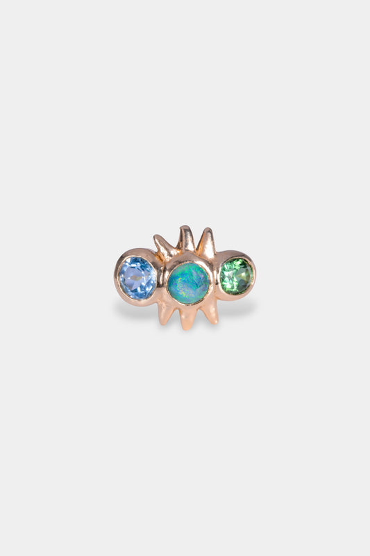 My Guy Ring
9 karat yellow gold 
~ 7x5mm oval cut green tourmaline
~ 6.5mm round Aussie opal doublet
~ 6.5mm round cut aquamarine
