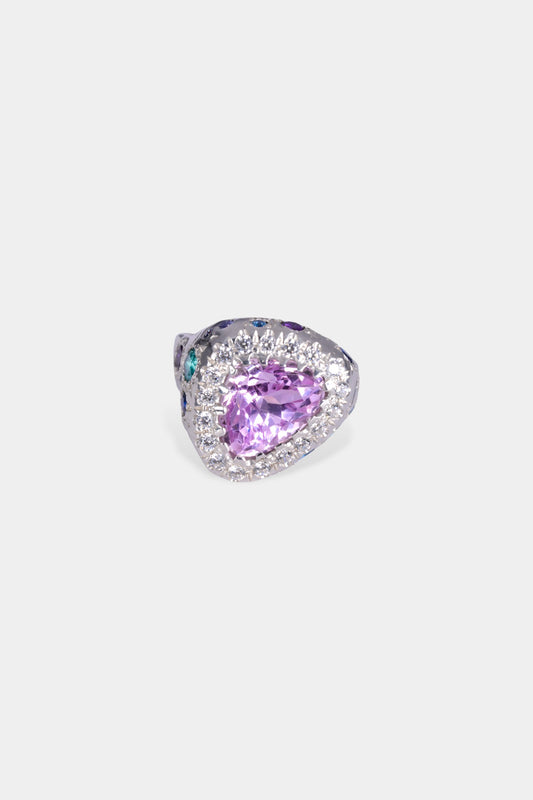 Pavarotti Ring pink kunzite, white CZs, mixed cut and colour CZs