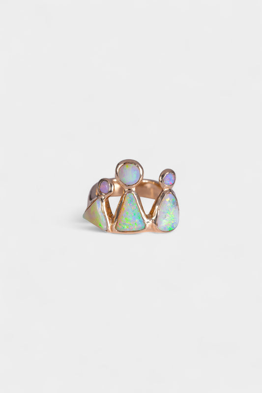 Stood Up Ring
~ two 10x7mm tri cut solid Aussie opals
~ 9mm tri cut solid Aussie opal
~ two 3mm round solid Aussie opals
~ 6mm round solid Aussie opal