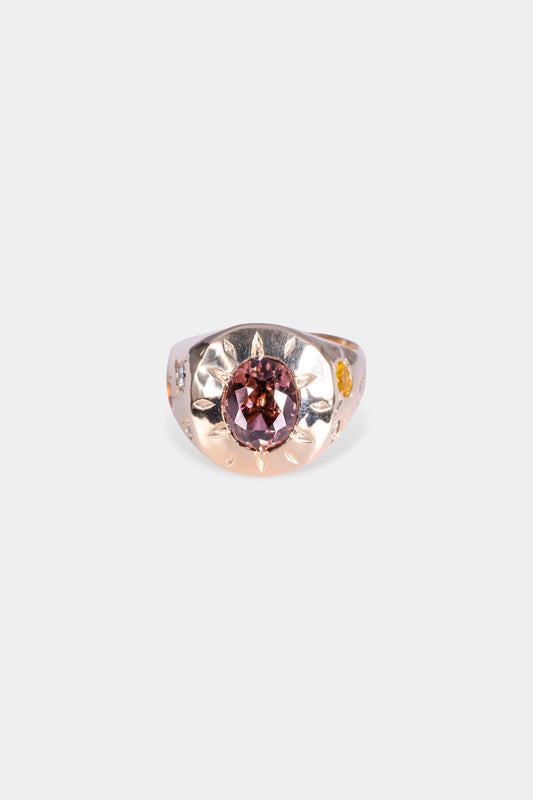 Top Dog Ring 
~ 3.5ct emerald cut brown zircon
~ 3.5mm round cut yellow sapphire
~ 3mm round cut orange sapphire
~four 2mm round cut white natural diamonds