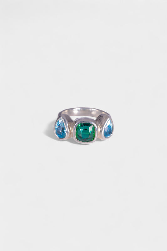 Vamp Ring
~ two 8x6mm pear cut blue zircons
~ 2.4ct cushion cut green tourmaline