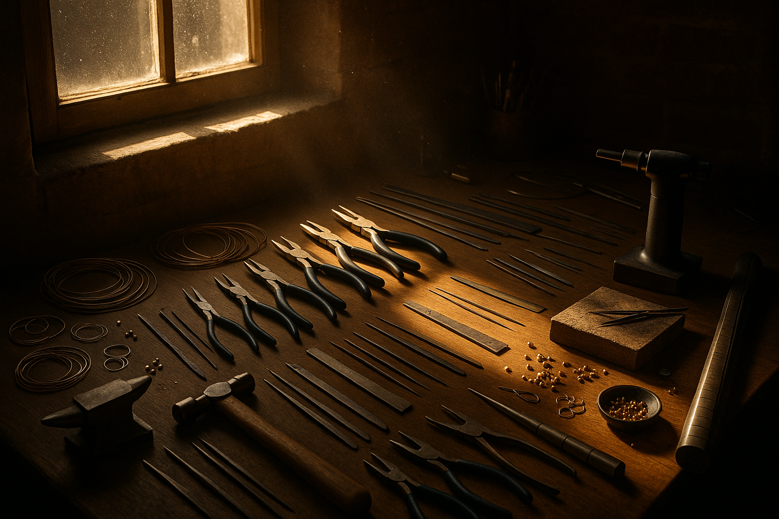a corner side of a workshop studio for creating handmade jewelery, showing all the tools used daily, low light with direct sunlight towards some of the tools