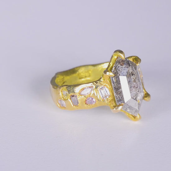 Ice Queen Ring
solid 18 karat yellow gold
~ 2.97 carat hexagon cut salt & pepper diamond
~ twelve mixed cut melee white and grey diamonds for a carat weight of 1.1